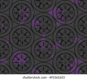 Seamless texture with wheels. Biker background. Repeated pattern. It can be used as wallpaper, upholstery, wrapping, fabric or your design. 