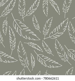 Seamless texture with white decorative feathers on gray background