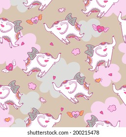 Seamless texture with white elephants in love ( vector )