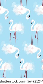 Seamless texture of white flamingos with watercolor splashes on a blue background. Vector background for your creativity