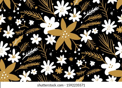 Seamless texture with white flowers of poinsettia. Hand drawn floral seamless vector pattern. Christmas and Happy New Year seamless pattern with coniferous branches. Trendy retro style. Vector design.