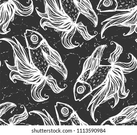 Seamless texture with white golden fish. Repeating background. Tile pattern. Can be used as wallpaper, desktop, wrapping, fabric or background for your blog, covers, cards.