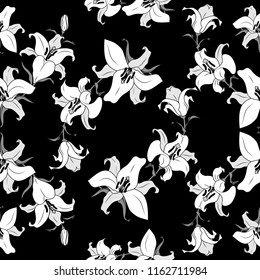Seamless texture of white lilies on a black background.