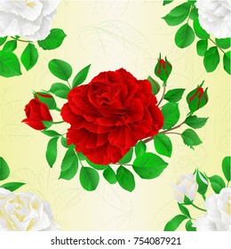 Seamless texture white and red Roses with buds and leaves vintage   Festive background vector botanical illustration editable hand draw

