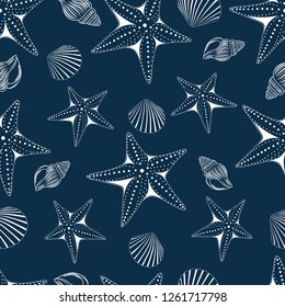 Seamless texture. White seashells and starfishes on a dark blue background.