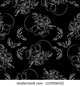 Seamless texture white skull with butterfly on black background.