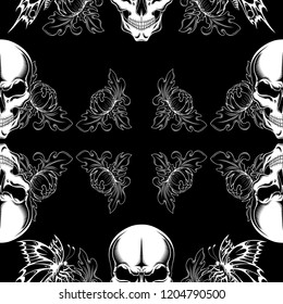 Seamless texture with white skulls, butterflies and peonies on a black background.
