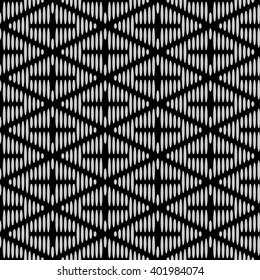 Seamless texture with white symmetrical rhombus with crosses made of ovals on black background.