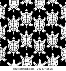 Seamless texture with white turtles on a black background. Design of textiles, wrapping paper. Vector illustration