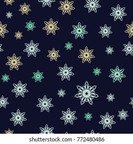 Seamless texture of white and yellow snowflakes on a blue background