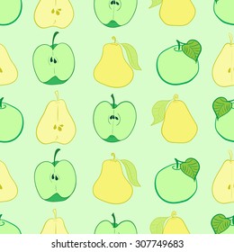 Seamless texture with the whole and cut apples and pears