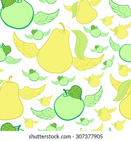 Seamless texture with winged apples and pears