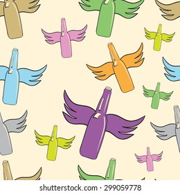 Seamless texture with winged color bottles on a light background