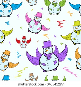 Seamless texture with winged color conceptual snowmen