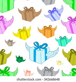 Seamless texture with winged color gift boxes
