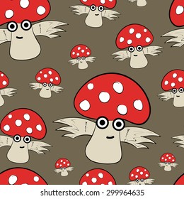 Seamless texture with the winged flying fly agarics