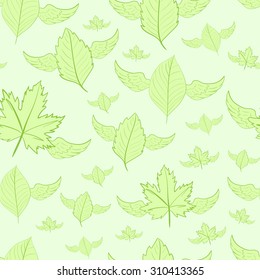 Seamless texture with the winged flying green leaves