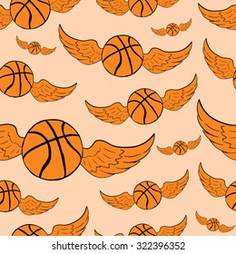 Seamless texture with the winged orange basketballs on a light background