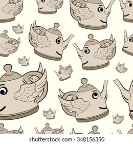 Seamless texture with the winged smiling teapots