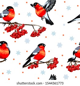 seamless texture winter background birds on branches, bullfinches in flight