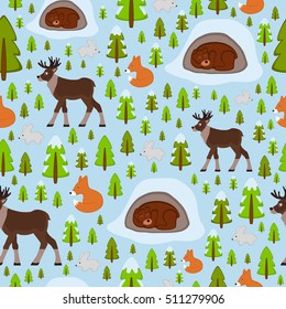 seamless texture winter forest with animals and trees 