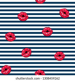 Seamless texture. Women's lips on a striped blue and white background. Vector illustration 