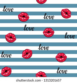 Seamless texture. Women's lips on a striped blue and white background. Vector illustration 
