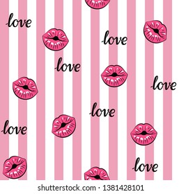 Seamless texture. Women's lips on a striped pink and white background. Vector illustration 