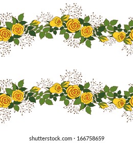 Seamless texture with wreath of yellow roses on  white background.