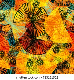 Seamless texture. Yellow, black, red, blue colors. Floral pattern with stylized exotic flowers.  Abstract vector background for web page, banners, fabric, home decor, wrapping, boho design.
