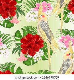 Seamless texture Yellow cockatiel  tropical bird   parrot watercolor style and tropicel flowers hibiscus, orchid cymbidium vintage vector illustration editable hand draw