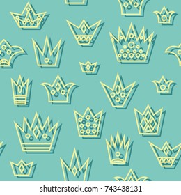 Seamless texture with yellow crowns with shadow on blue background