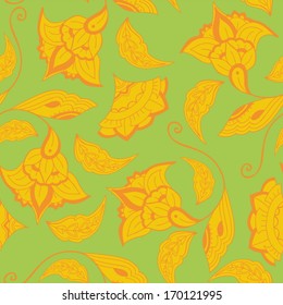 Seamless texture with yellow flowers on green background. Hand drawn vector pattern