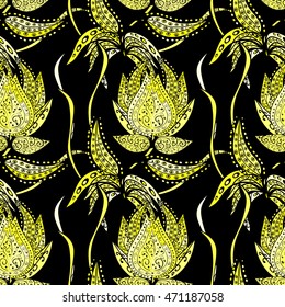 Seamless texture with yellow gradient flowers on black background. Seamless pattern.