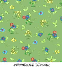 Seamless texture of yellow, red and blue flowers with faces on green background