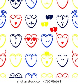 Seamless texture of yellow, red and blue hearts with different moods on the white background