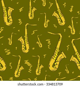 Seamless texture with yellow saxophones and flourishes