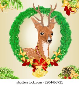 Seamless texture Young deer Christmas and New Year theme frame spruce and  gold bells and  poinsettia vector