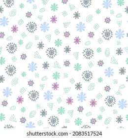 Seamless texture for your design. Hand-drawn background with flowers and geometric elements. Doodle style.