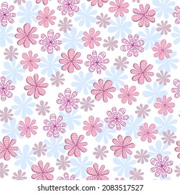 Seamless texture for your design. Hand-drawn pleasant background with pink and blue flowers. Doodle style.