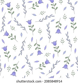 Seamless texture for your design. Hand-drawn background with cute blue flowers. Illustration can be used for templates, wallpaper. 