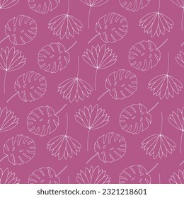 Seamless texture for your design. Hand-drawn background with white tropic leaves. Illustration can be used for templates, fabric, wallpaper. 