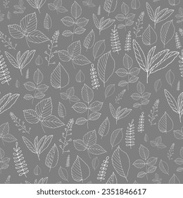 Seamless texture for your design. Hand-drawn background with white leaves. Illustration can be used for templates, fabric, wallpaper. 