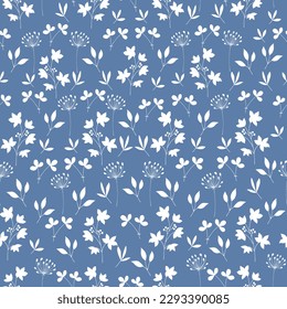 Seamless texture for your design. White grass and leaves on blue background. Illustration can be used for templates, wallpaper. 