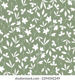 Seamless texture for your design. White grass and leaves on green background. Illustration can be used for templates, wallpaper.