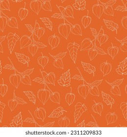 Textura sin inconvenientes para tu diseño. Físalis blancos de fondo naranja. La ilustración se puede utilizar para plantillas, fondo de pantalla. Hojas abiertas.