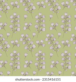 Seamless texture for your design. White twigs on green background. Illustration can be used for templates, wallpaper. 