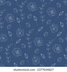 Textura sin inconvenientes para tu diseño. Flores blancas y hojas sobre fondo azul. La ilustración se puede utilizar para plantillas, fondo de pantalla.