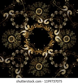 Seamless textured curls. Oriental style arabesques golden pattern on a black, brown and yellow colors with golden elements. Vector golden pattern.