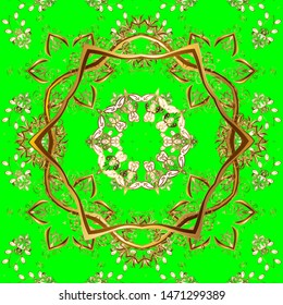 Seamless textured curls. Oriental style arabesques golden pattern on a green and brown colors with golden elements. Vector golden pattern.